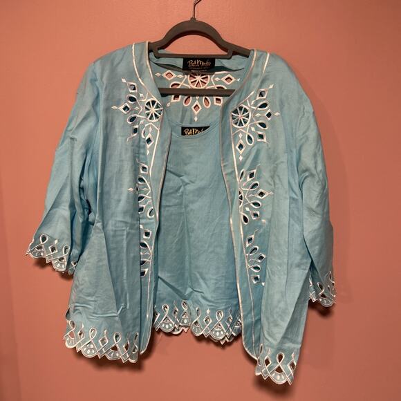 Bob Mackie Wearable Art Twin set Jacket & Tank Top 1X Embroidered Linen Cut Outs - Picture 1 of 7